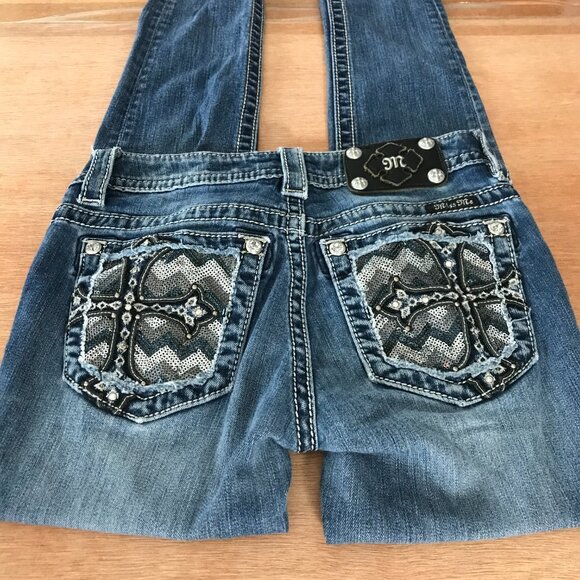 Miss Me Signature Skinny Jeans Women 25 Blue Mid Gothic Cross Sequins Rhinestone - Picture 1 of 15